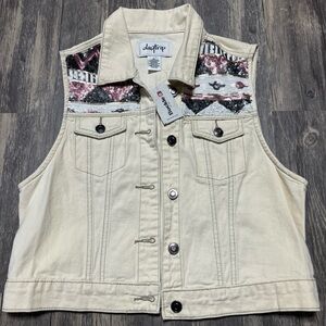 Daytrip Cream Denim Vest with Sequin Aztec Yoke